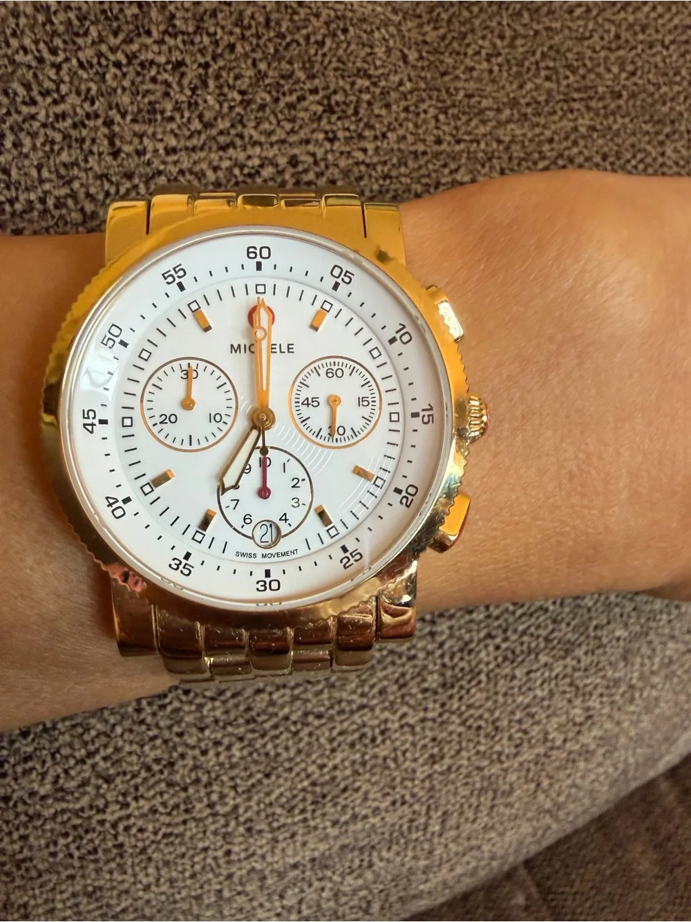 MICHELE Gold-Tone Swiss Chronograph Watch – White Dial – 37mm – 6” Bracelet